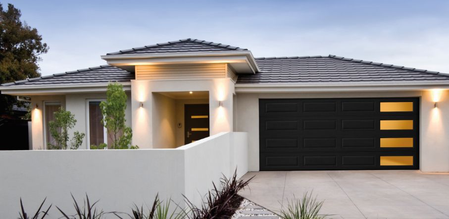 Amarr Heritage long panel steel garage door with mosaic windows in black