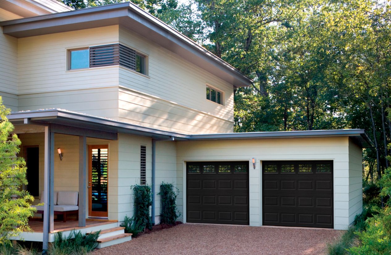 Amarr Olympus steel garage door with windows in black
