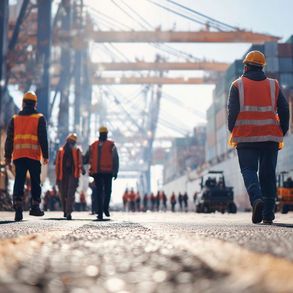 Mænd går rundt og arbejder på en havn