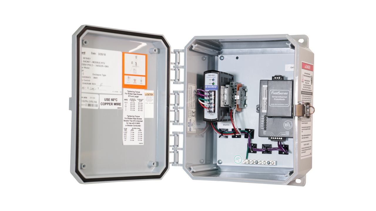 Image: An image of the inside of a BMS network panel as an option for HVLS fan control systems
