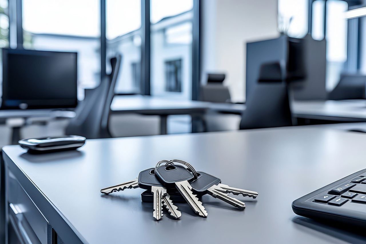a close up of office keys on a modern desk