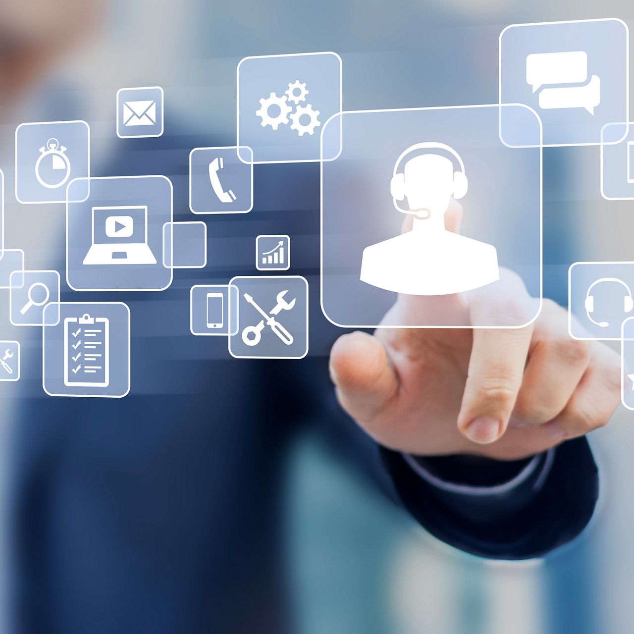 business person touching help desk icon on screen