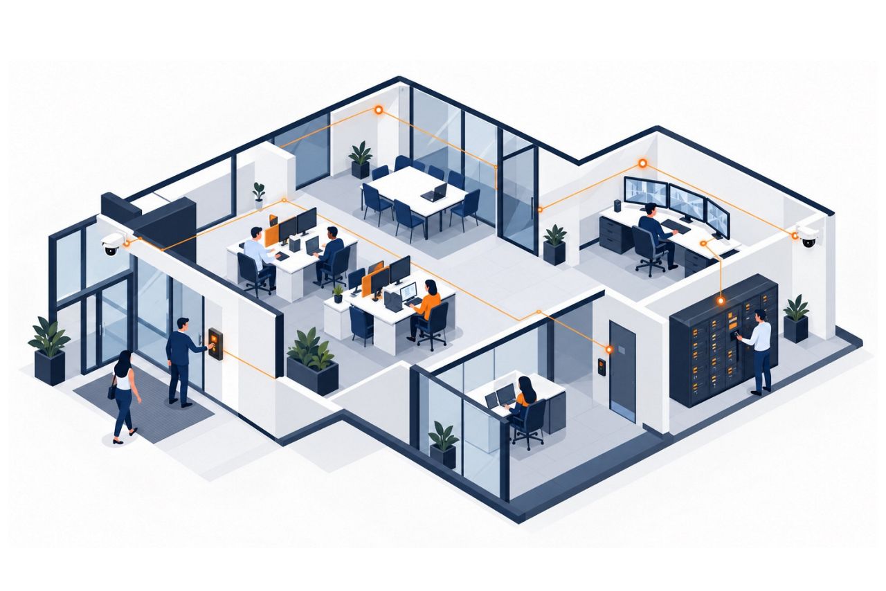 Isometric illustration of a modern offcie with connected access control, CCTV, security monitoring and secure equipment storage.