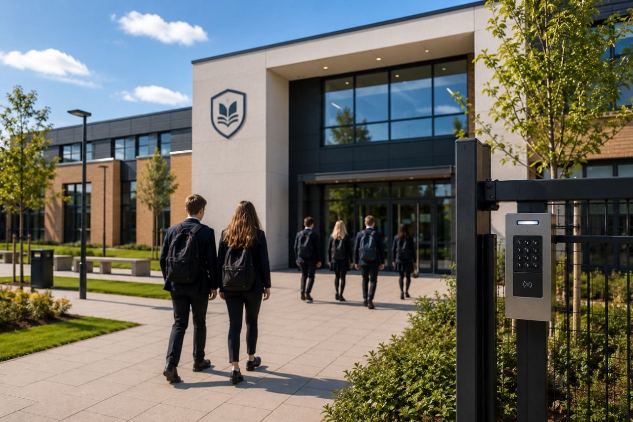 Modern UK school site with secure entrance highlighting education security