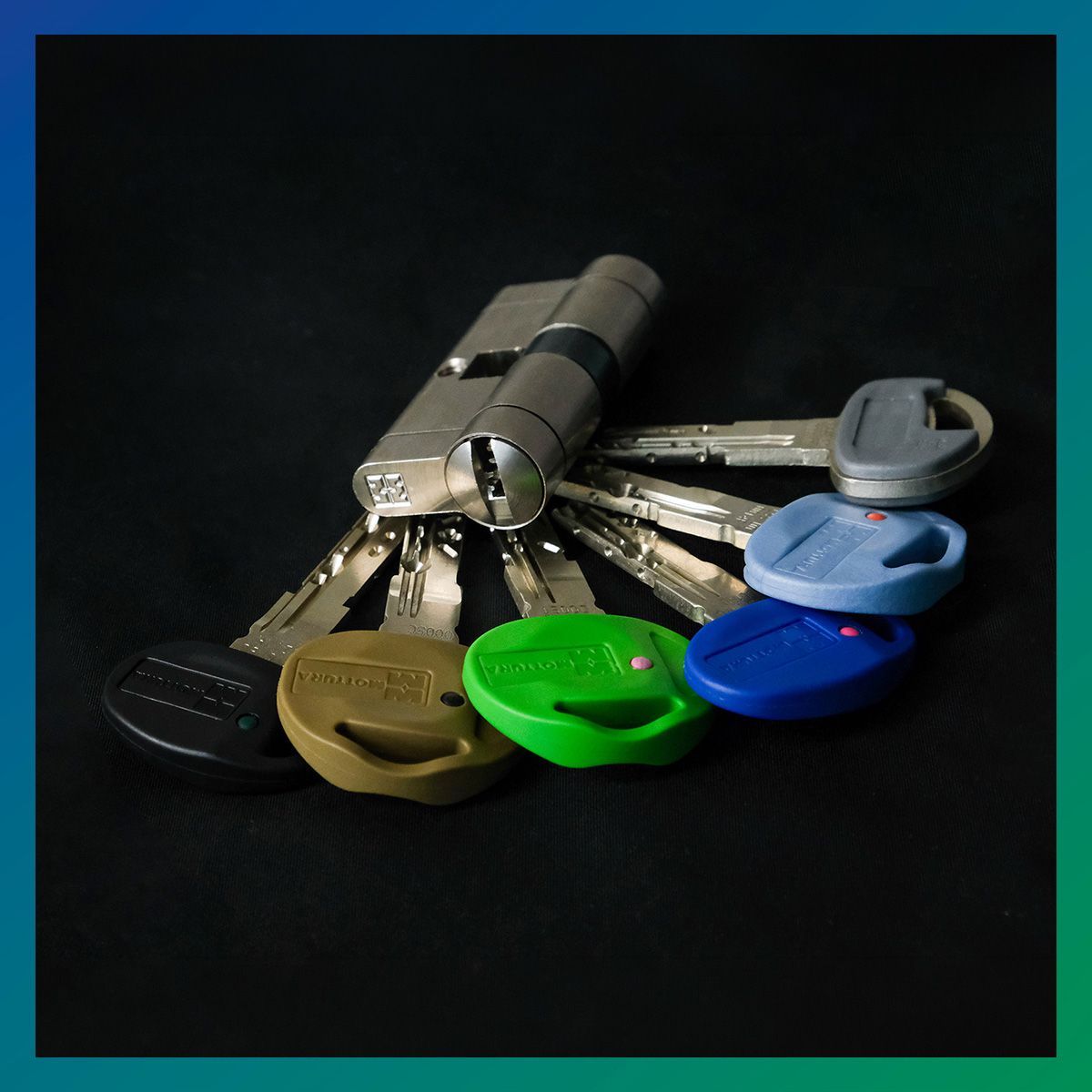 Mottura Champions cylinder with keys featuring different-coloured heads