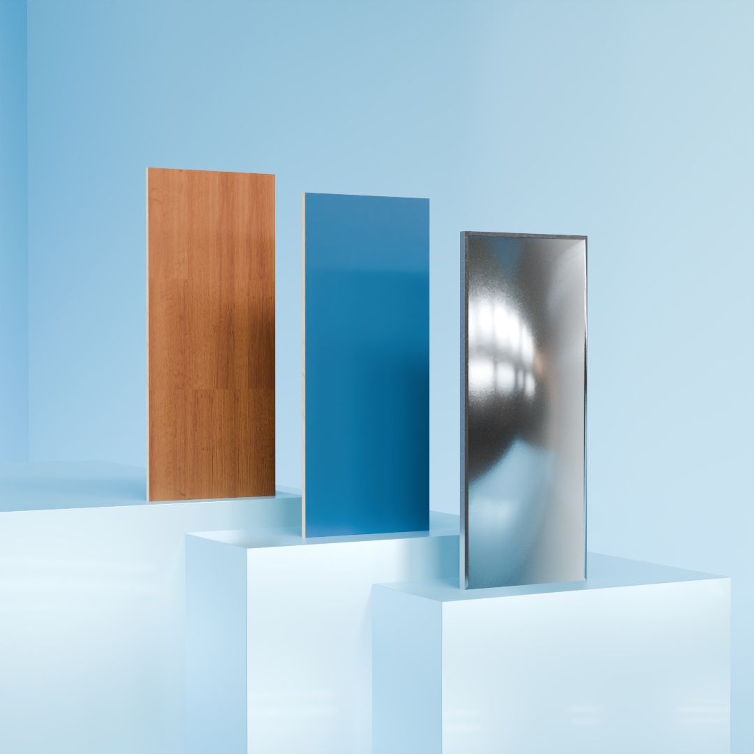 A selection of cladded doors included a veneer door, laminated door, and metal clad door