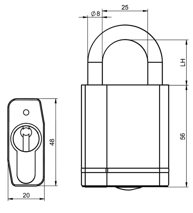 Cylinder padlock +CLIQ .316+CLIQ technical drawing