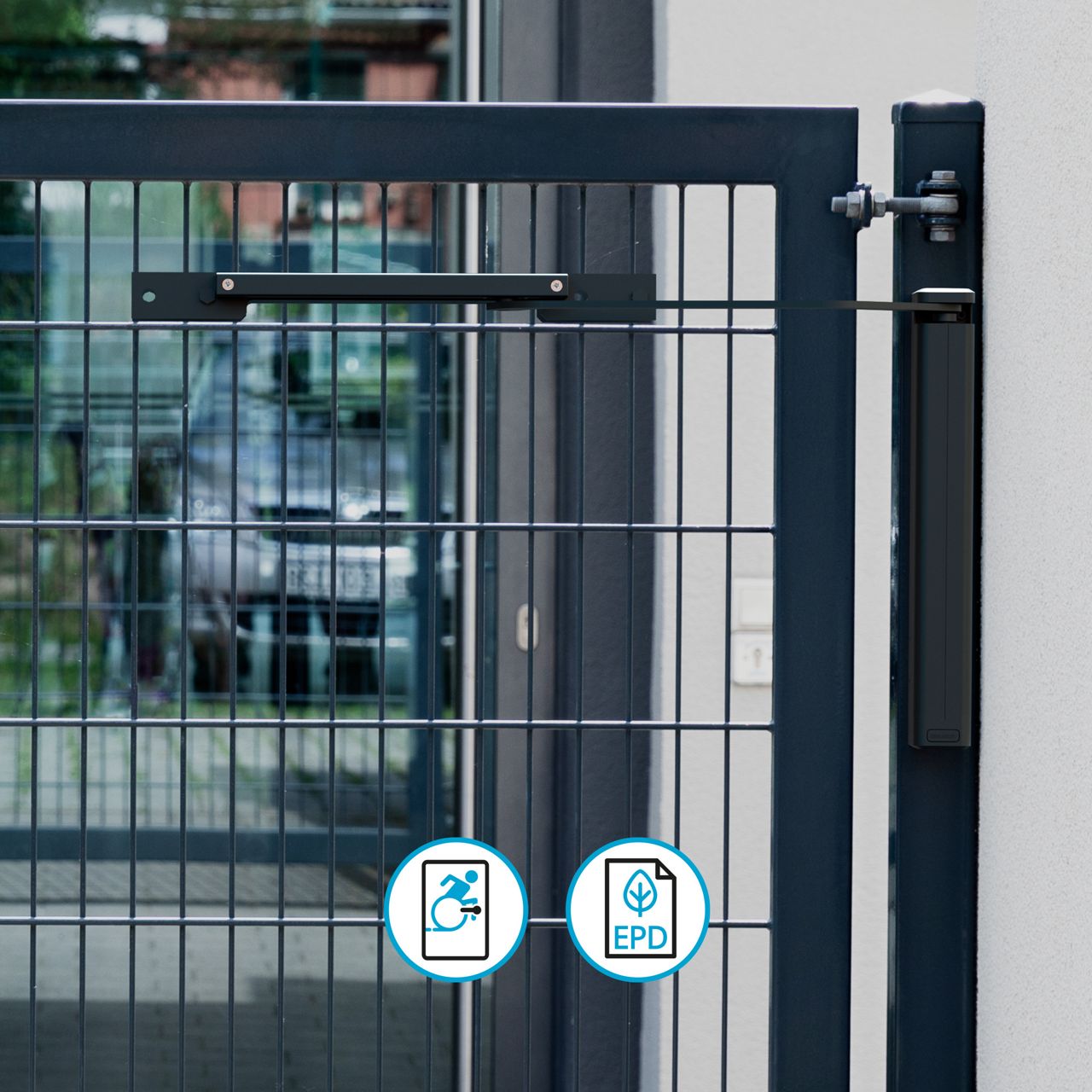 Black DC630G on pedestrian gate with icons