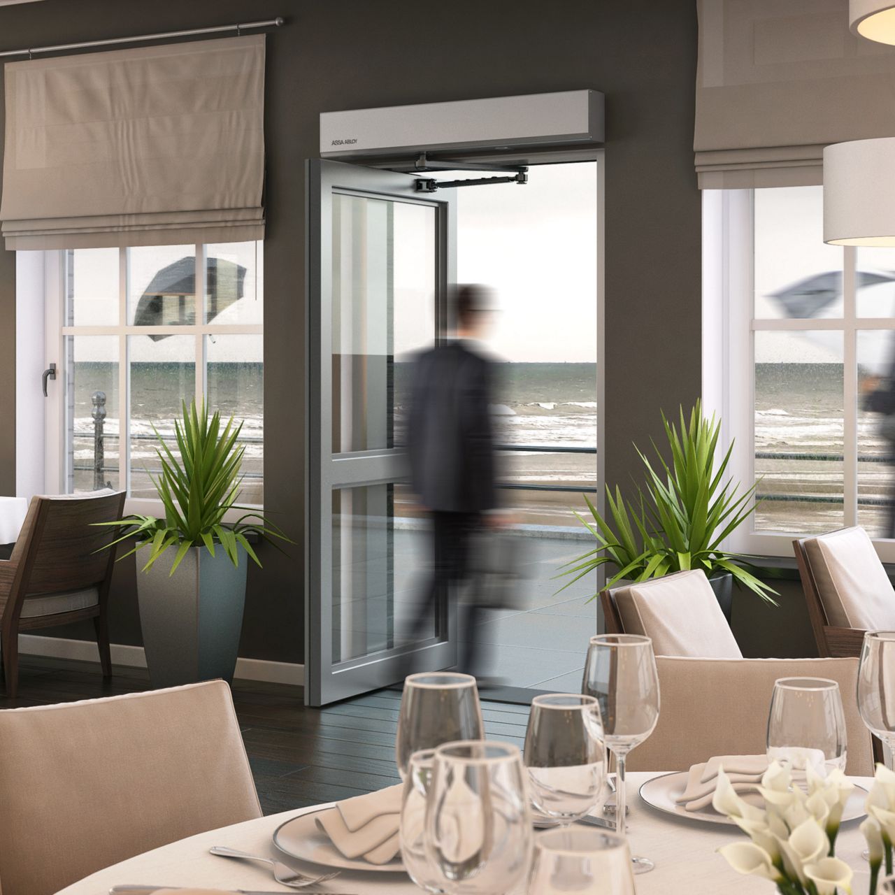 Automatic swing door or swing door through which a guest leaves a restaurant.