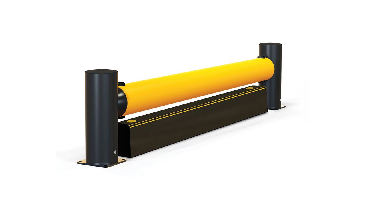 Image: Barreira Flexível de Tráfego Simples eFlex, com tubo amarelo de alta visibilidade e postes pretos de proteção com forkguard, vista isométrica
