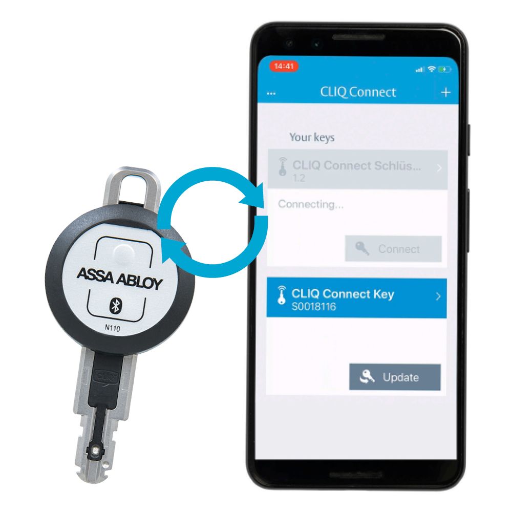 eCLIQ nøgler og en mobil med CLIQ connect åbent