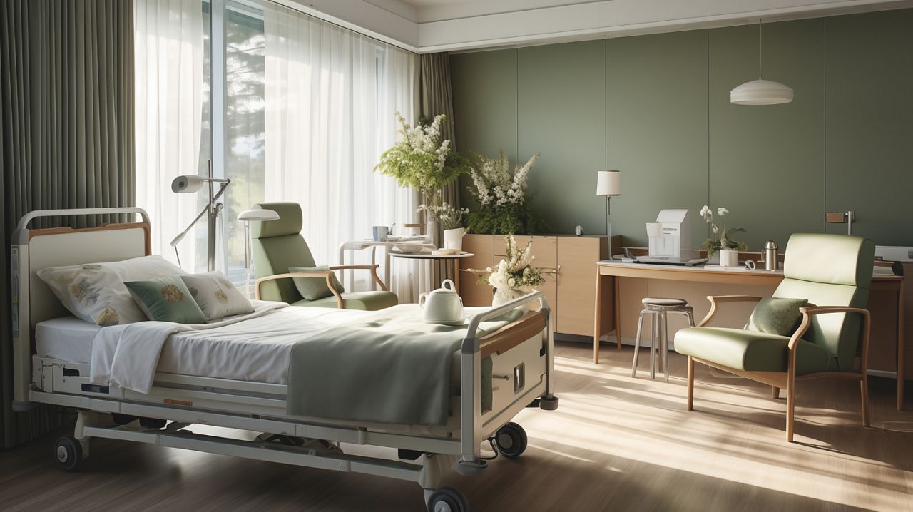 Empty bed in care home room.