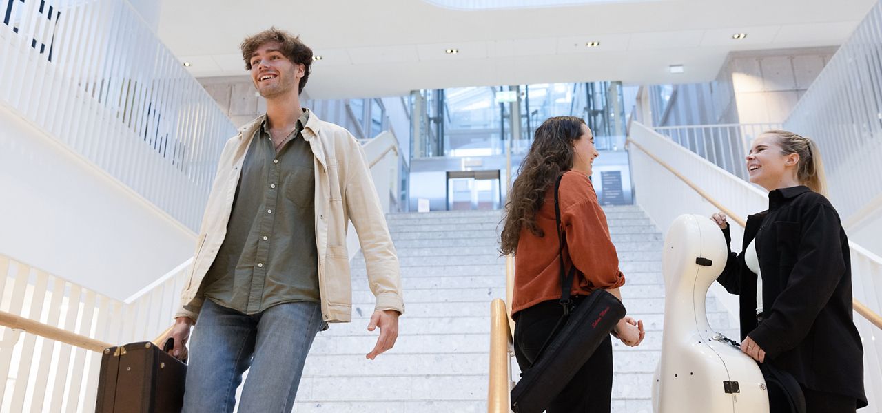 Tjej som håller i ett intrument och pratar med en vän på trappan.