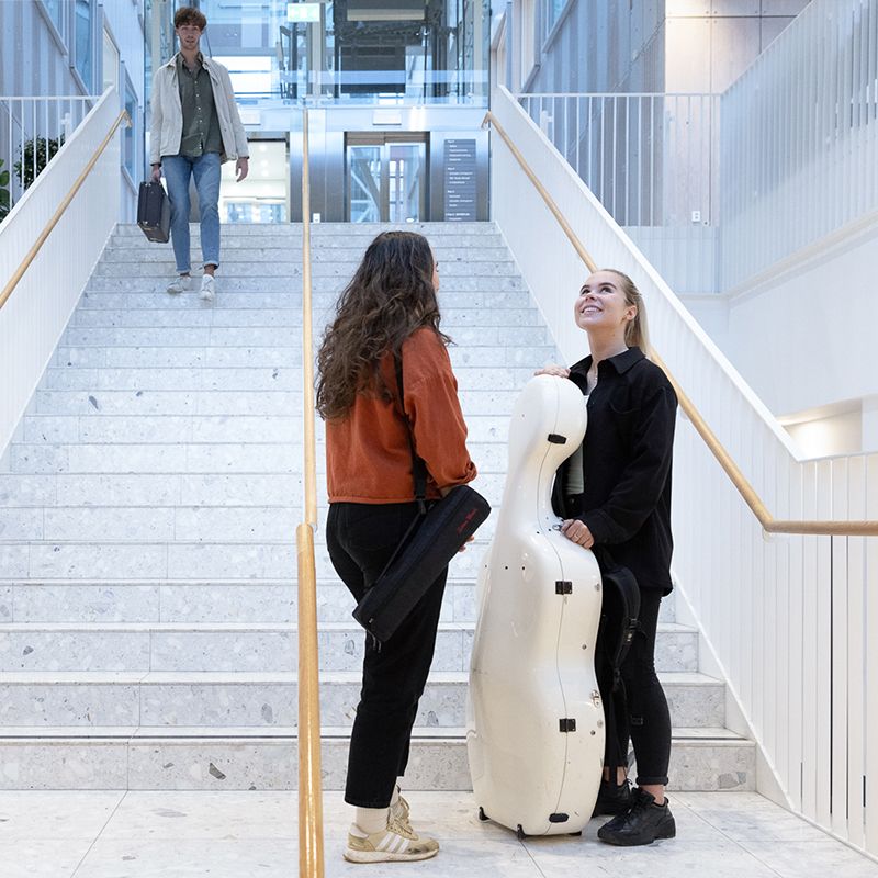 Two women are standing on a staircase, each holding a musical instrument.