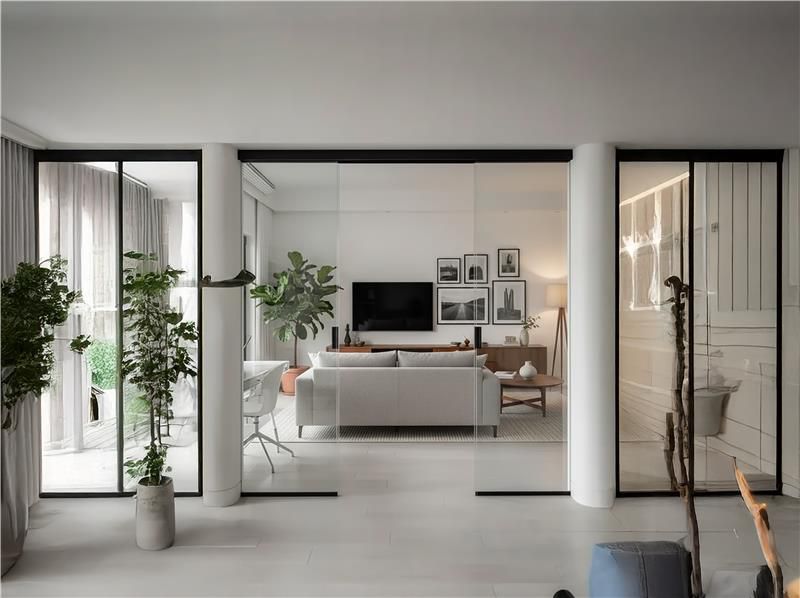 Modern living space with ENOX Glass Extension Synchro telescopic glass doors creating an elegant open partition. 