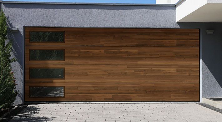Northwoods plank garage doors with Long Panel windows