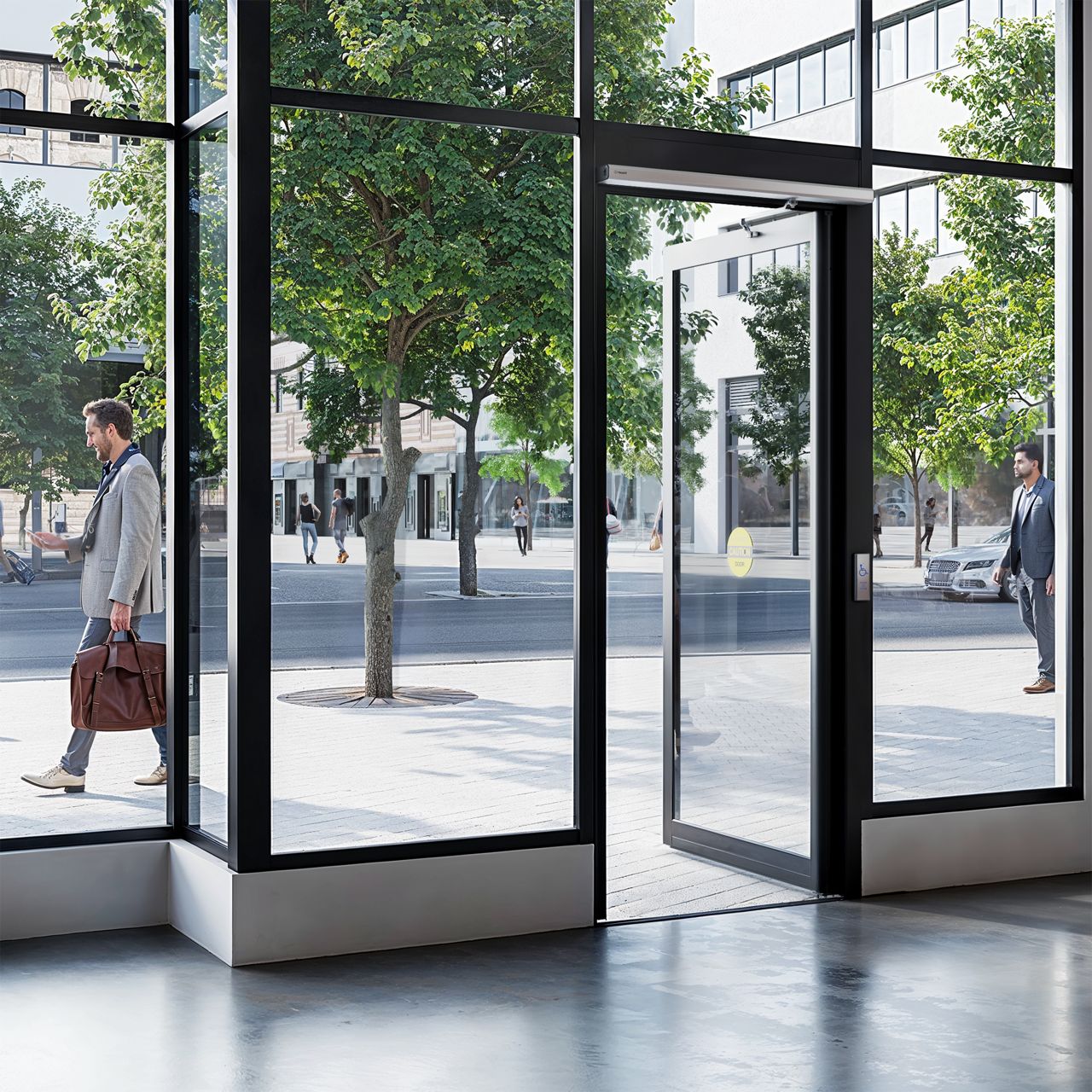 Image: HA7 shown on a retail store entrance door. The door is open to the outside.