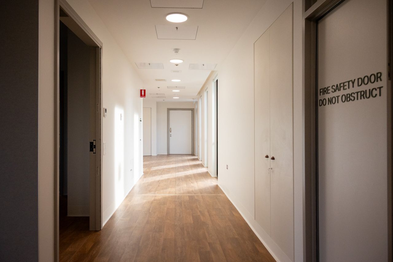 Healthcare building hallway doors
