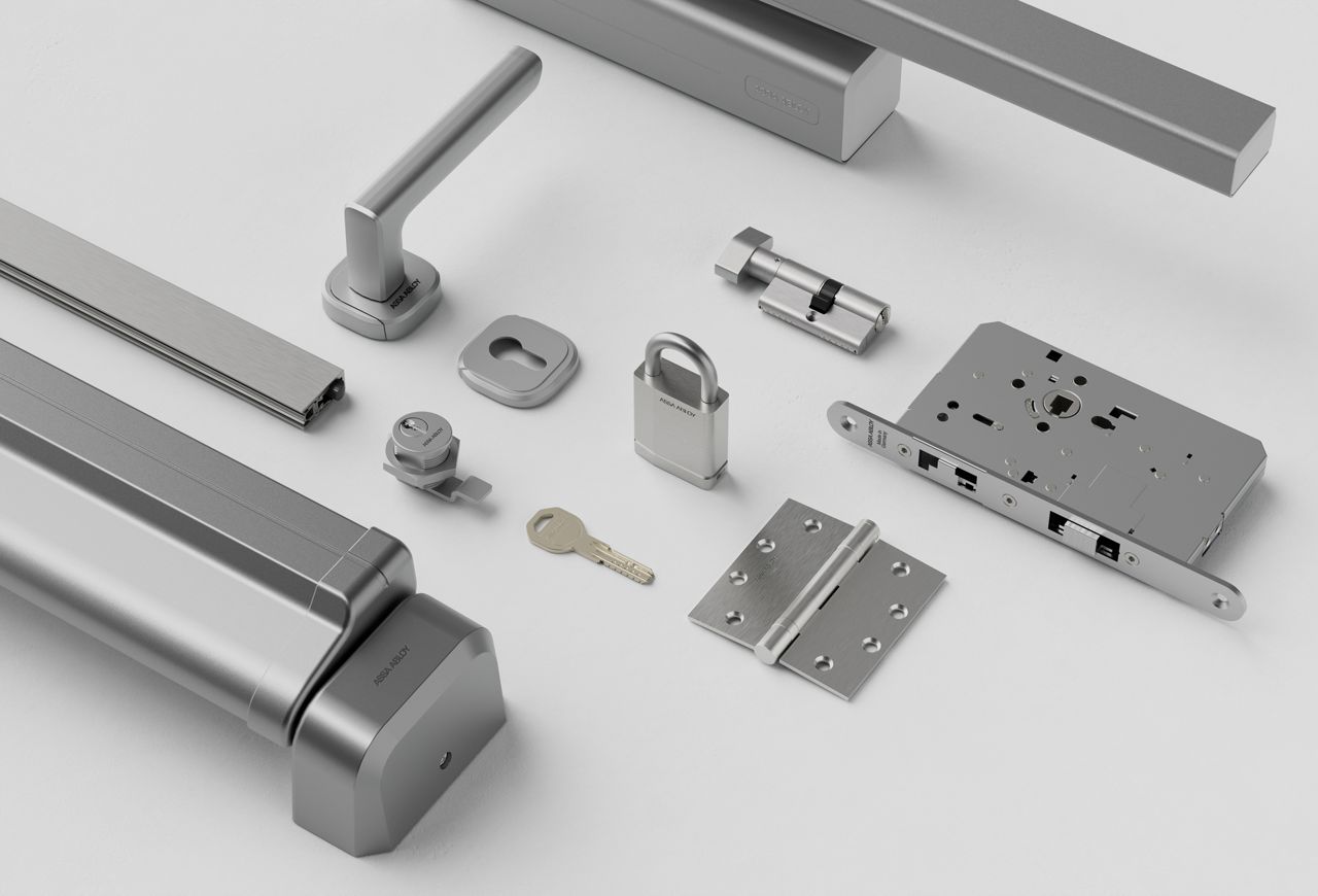 Door hardware products on a grey surface