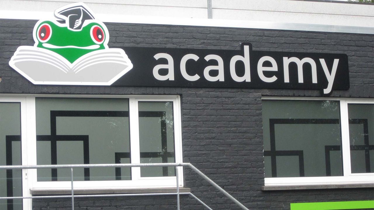 A picture of the Dynaco academy building with a logo of a green frog.