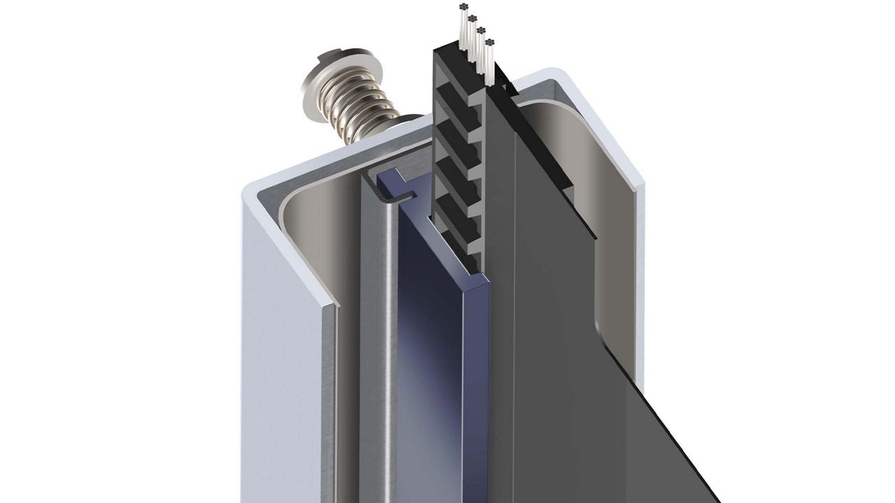 An illustration of a grey part in a door. 