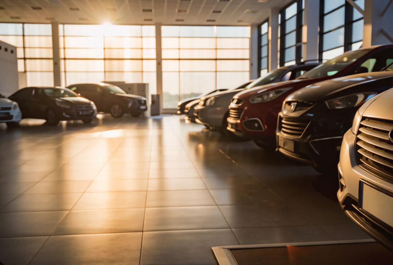 inside car dealership at dusk