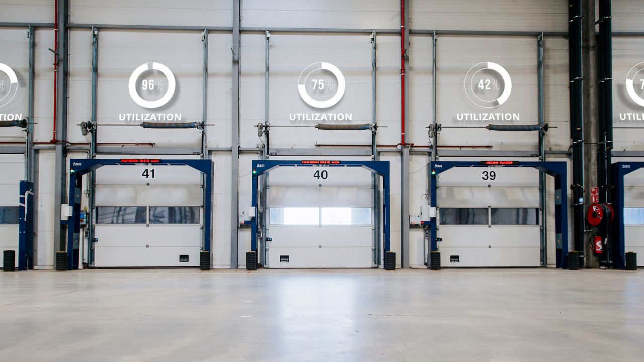 Vista de un almacén con muelles de carga industriales ASSA ABLOY numerados (39, 40, 41), mostrando sobre cada puerta porcentajes de utilización en tiempo real (96%, 75%, 42%) gracias a tecnología IoT para optimizar la gestión logística.
