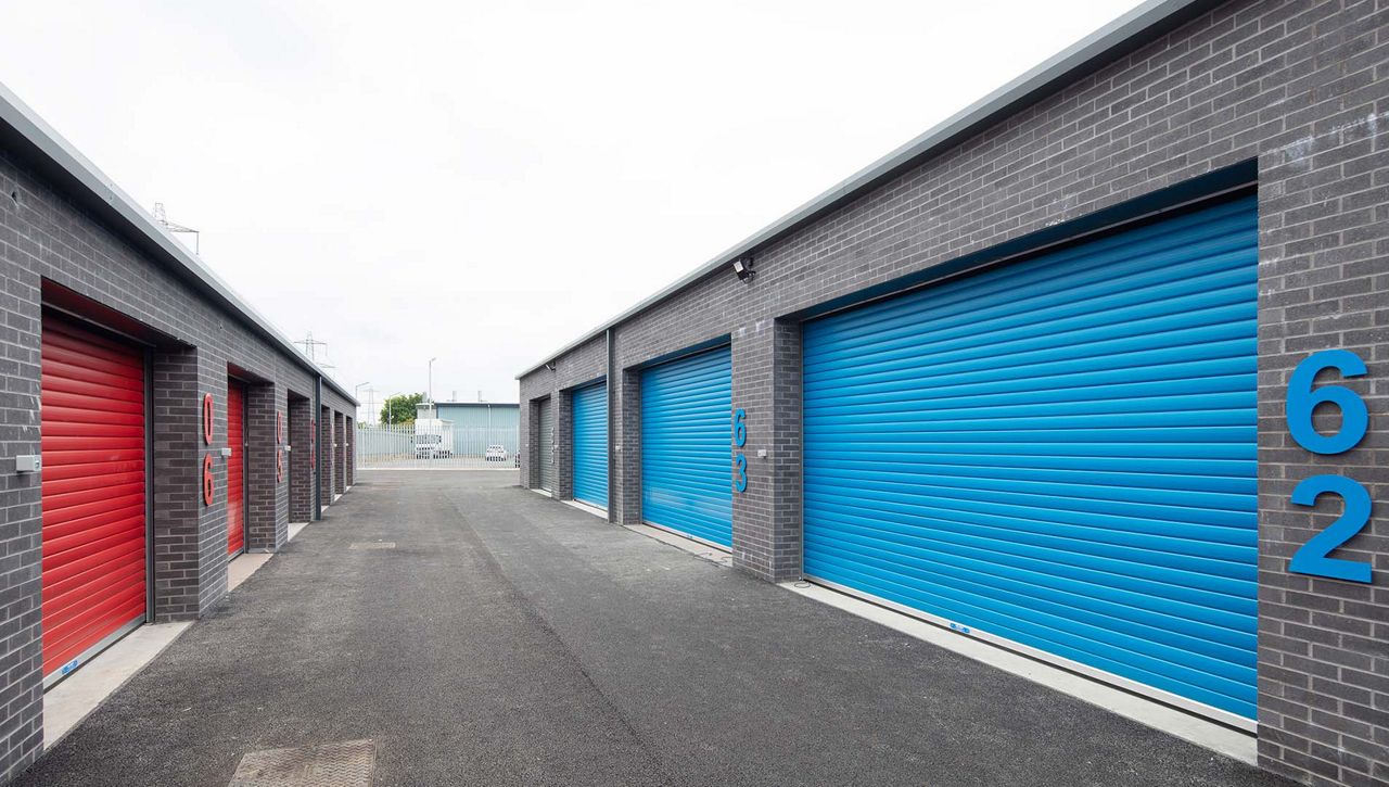 ASSA ABLOY enhanced insulated roller shutters in a multitude of colours at a self storage facility