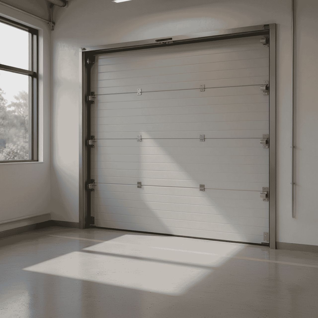 Image of a KDC sectional door viewed from inside the garage. The white KDC panels can be seen, along with the door leaf components.