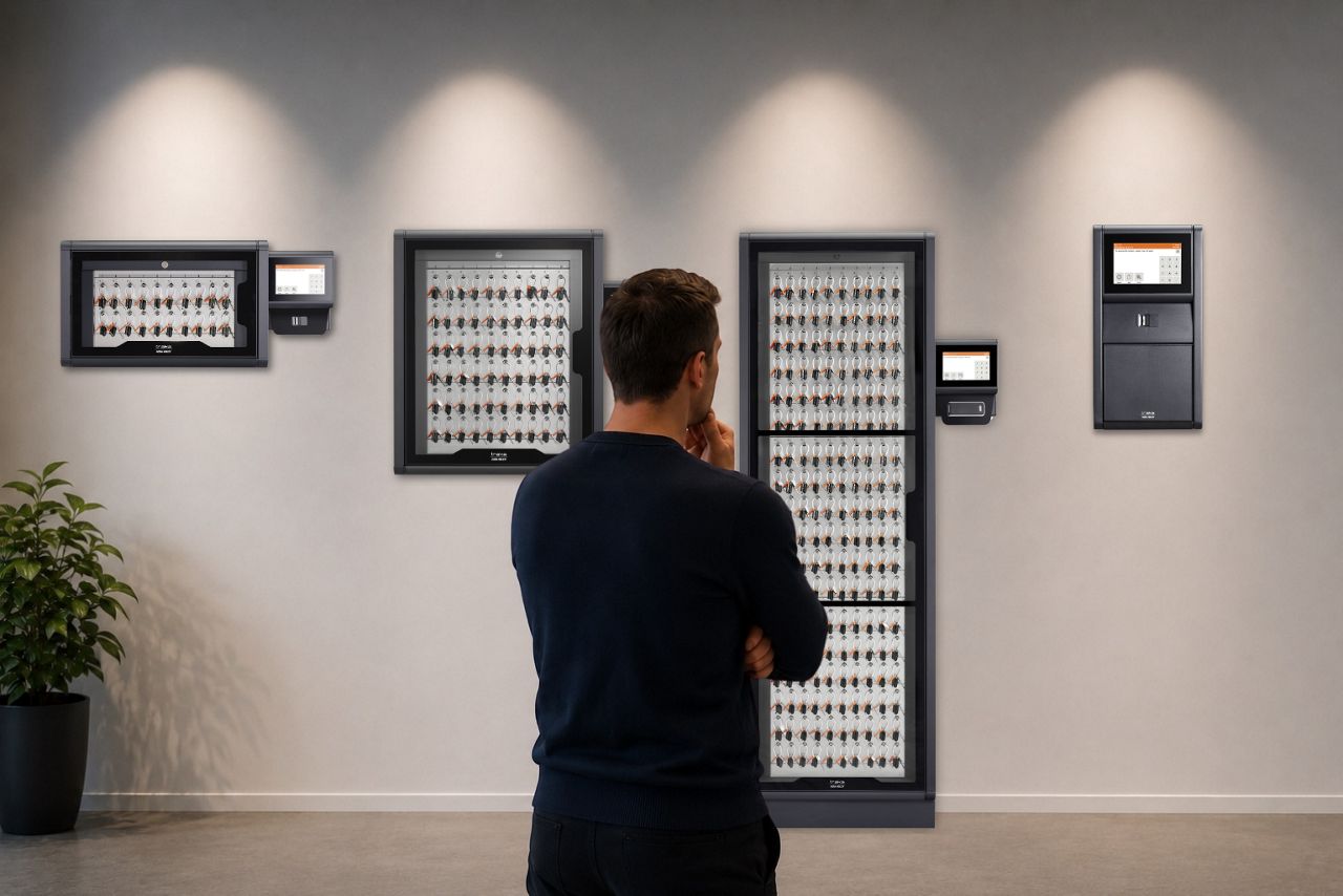 Modern electronic key cabinets displayed in showroom