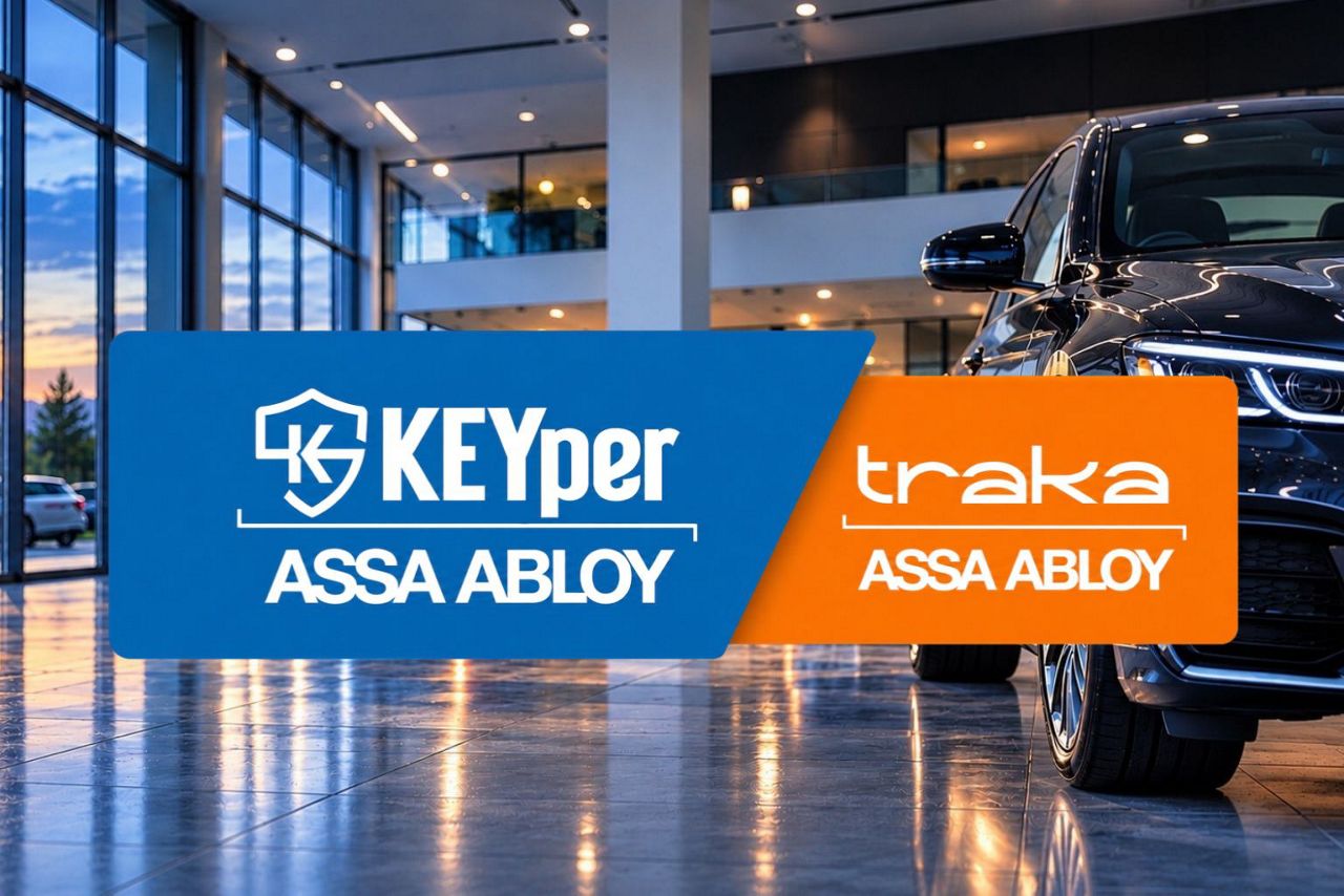 KEYper Systems and Traka logo showcased infront of a modern car dealership.