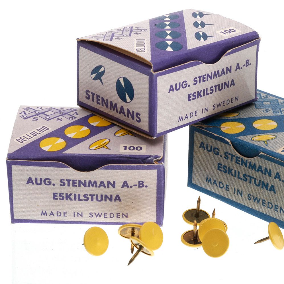 Cardboard boxes with yellow thumbtacks from Aug. Stenman AB.