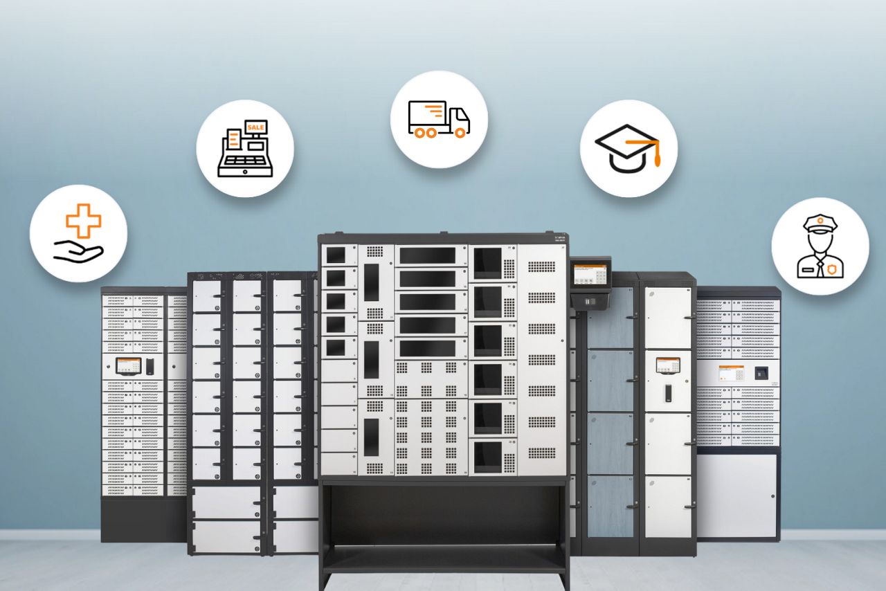 A range of Traka's intelligent device management lockers with retail, healthcare, logistics, edcuation and law enforcement industry sector icons.