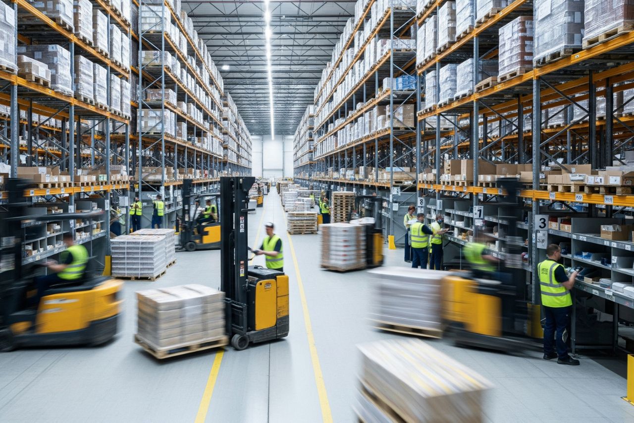 warehouse with employees showcasing a busy logistics operations