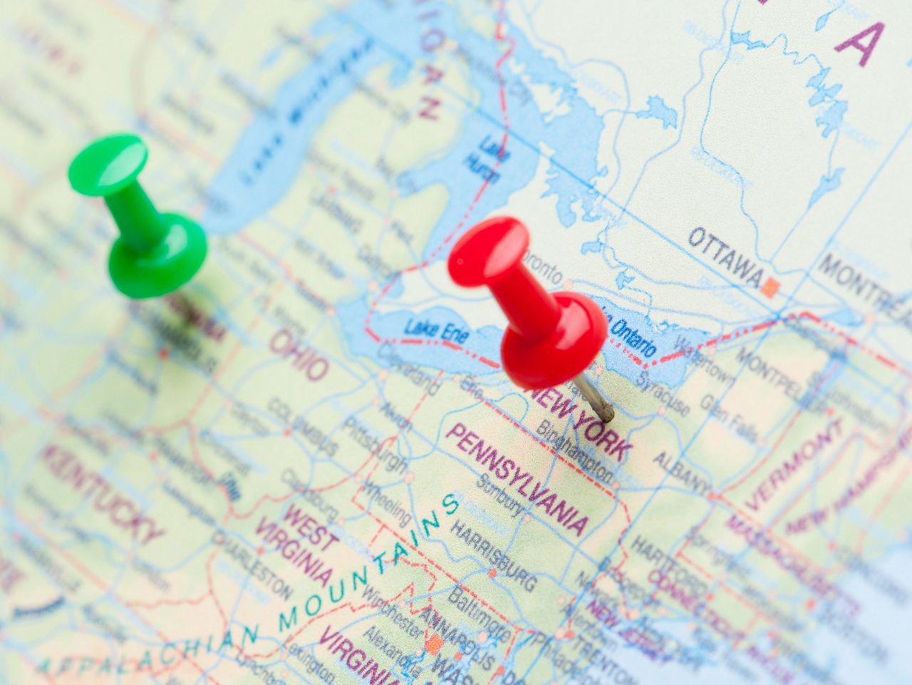 map with two push pins 