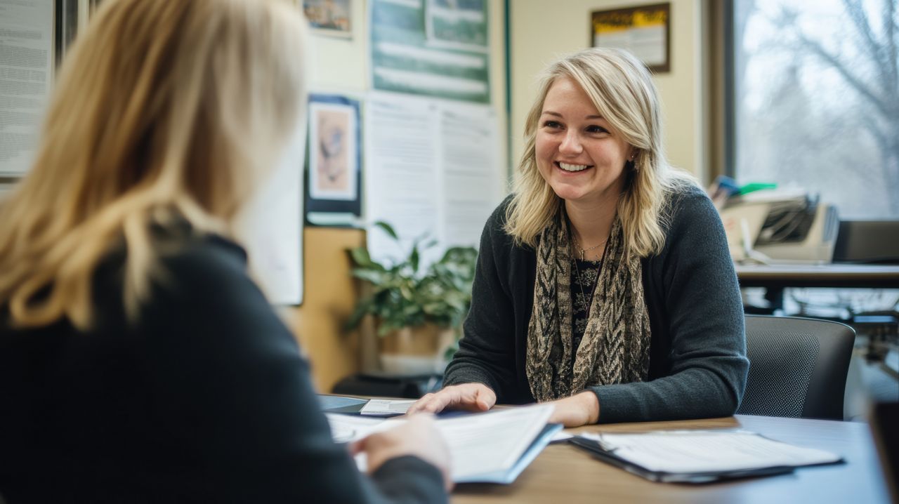 Vrouwelijke verzorgingstehuismanager tijdens een vergadering aan haar bureau.