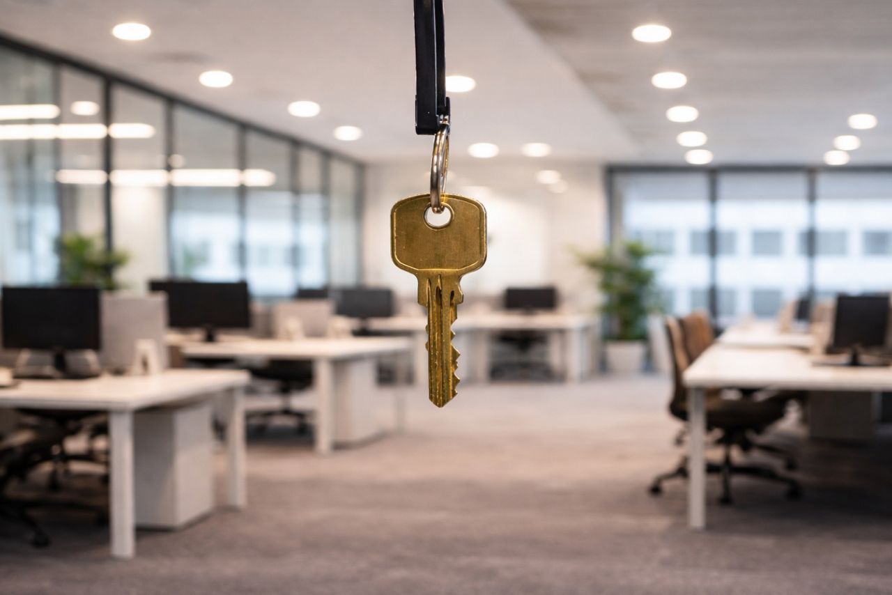 Close-up of office key hanging in modern workplace environment