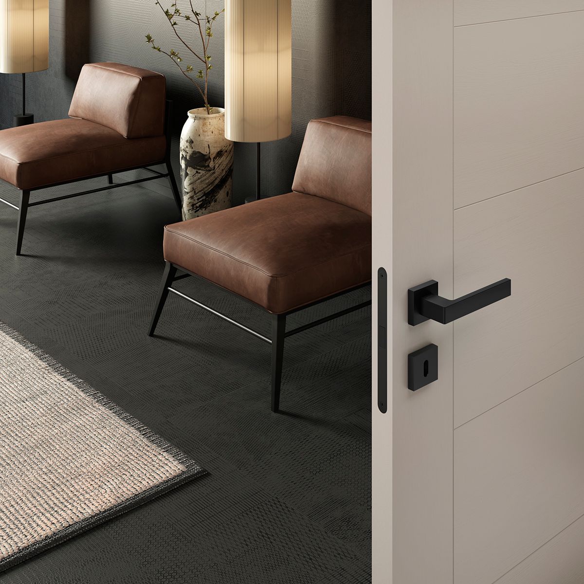 Maniglia da porta H 600 Aurora in Nero opaco su porta del soggiorno