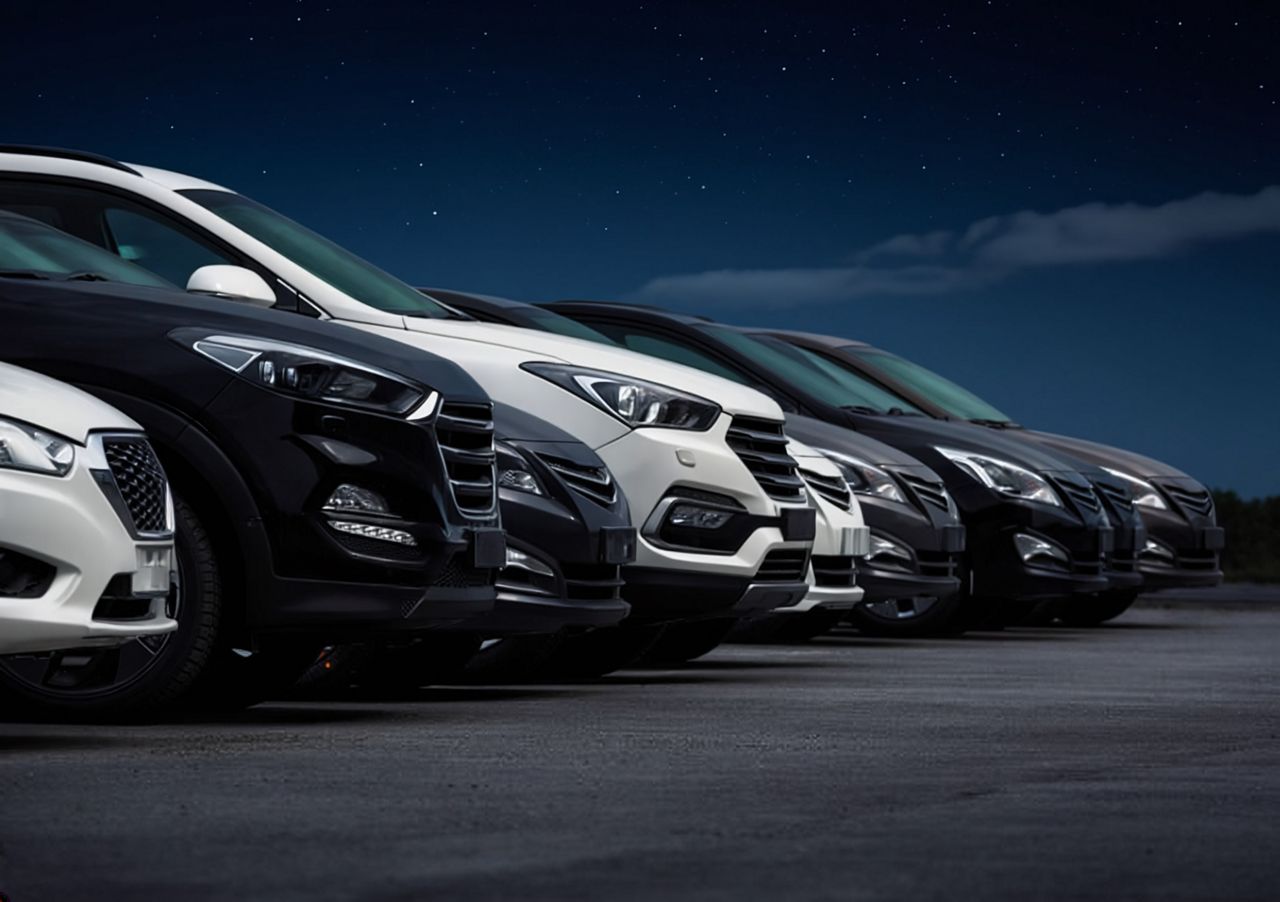 row of cars in a car dealership lot at night