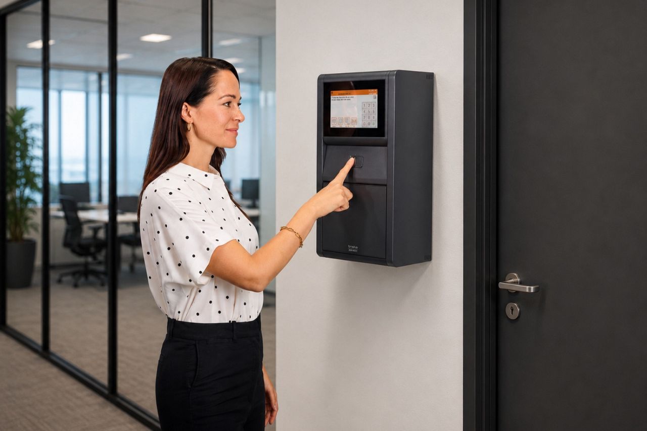 Employee using a Traka biometric access control system to securely access a restricted business office area.