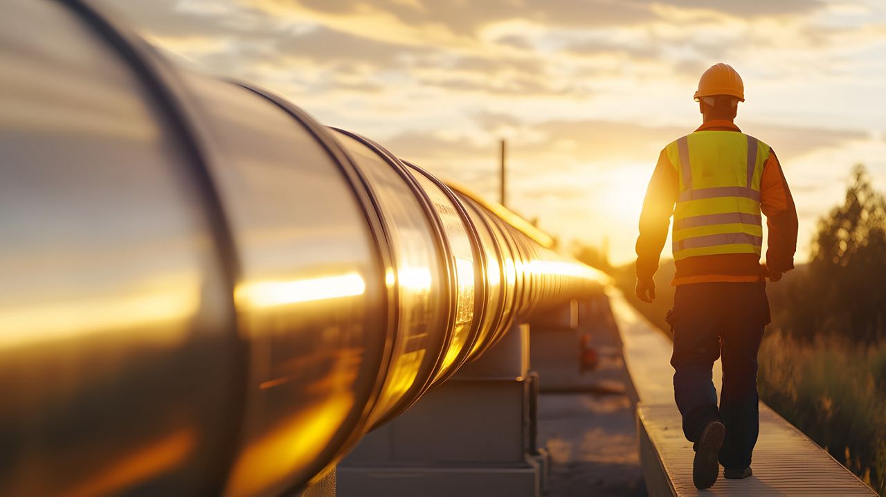 Engineer walking along an oil pipeline