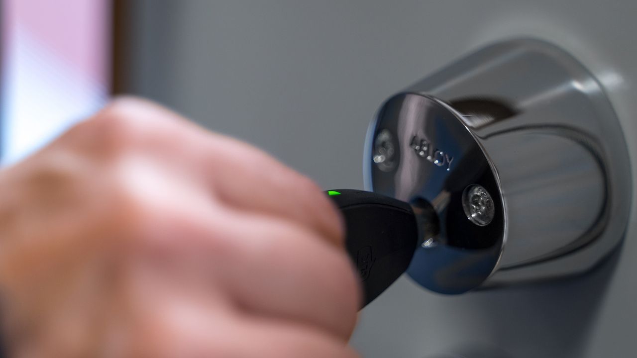 ABLOY door cylinder being opened with a key