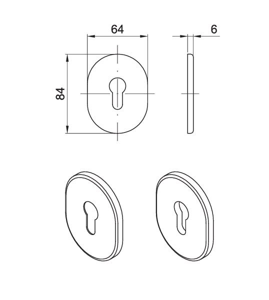Image: Disegno bocchette ovali per serrature CE con foro per cilindro