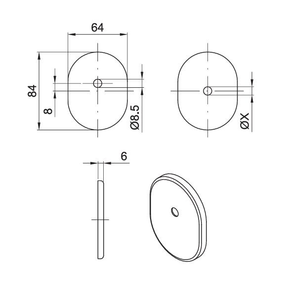 Image: Disegno bocchette ovali per serrature CE con foro per pomolo/codolo