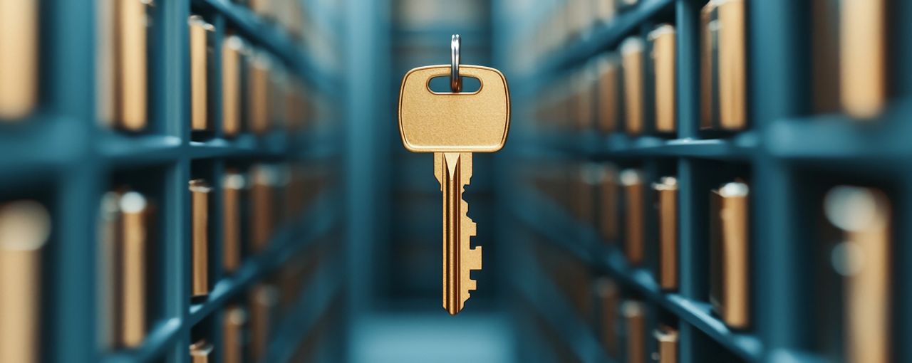 A close up of a physical key hanging