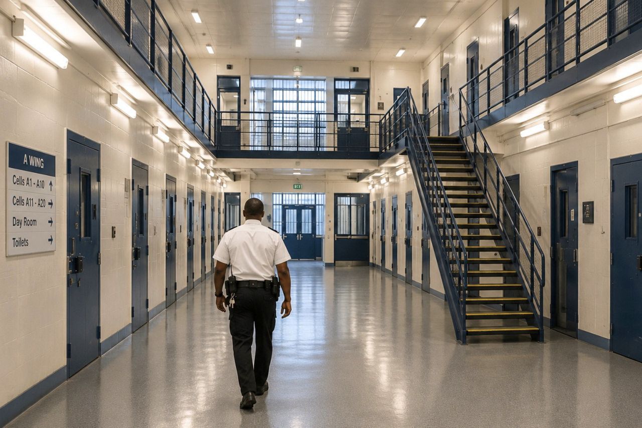 Prison officer walking through the hallway