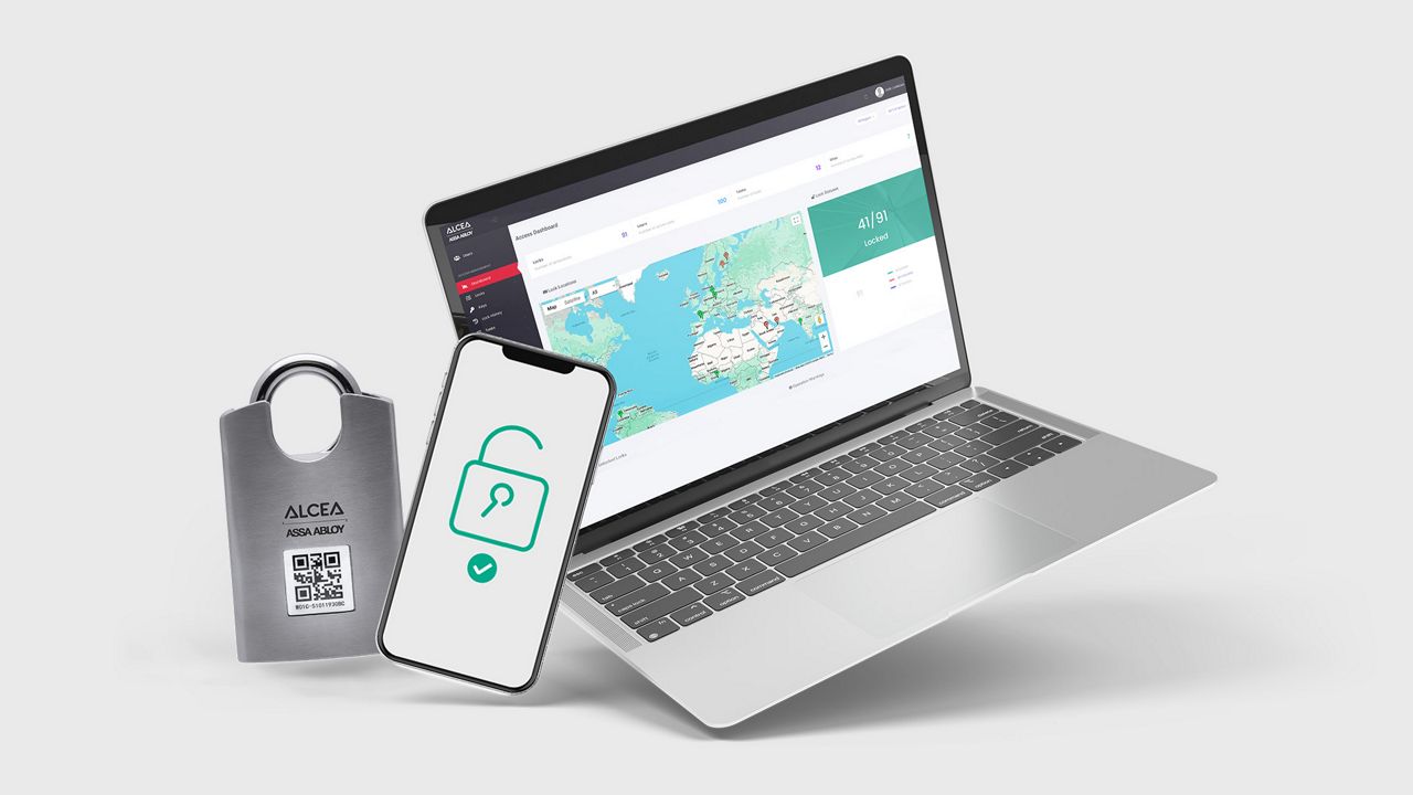 ALCEA WILOA padlock, a smart phone and a laptop.