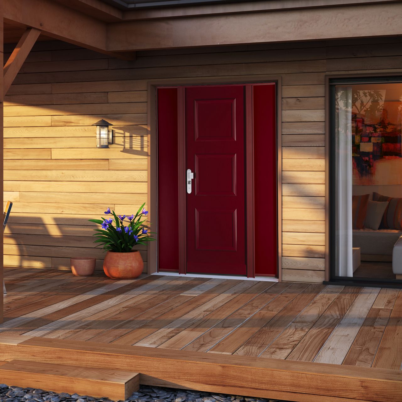 Porte blindée Fichet de maison modèle Forstyl+ S2L rouge avec deux tierces pleines rouges