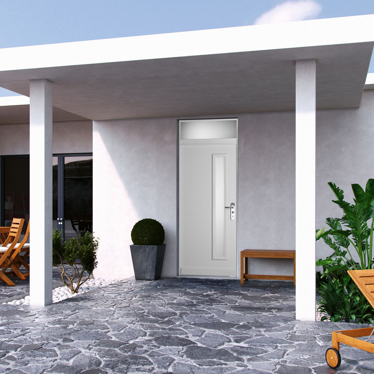 Porte blindée Fichet de maison modèle Forstyl+ SI blanc avec imposte vitrée