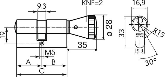 Image: Profile-knob cylinder +CLIQ .534,KNF=2+CLIQ technical drawing